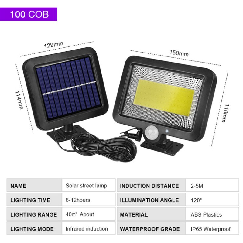 Pir bevægelsessensor outdooe gadelys solpanel strøm 30w 600lm cob 120/100 led vandtæt sollys væg have solcellelamper: Cob 100 lysdioder