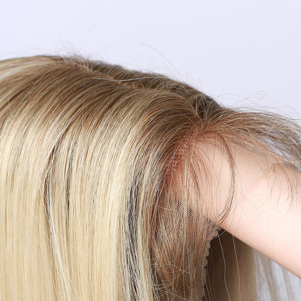 ALAN EATON Synthetic Lace Front Wig Natural Middle Part Ombre Brown Light Blonde Long Straight Lace Hair Heat Resistant Fibre