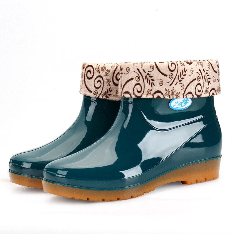 Bottes de pluie à talons bas pour femmes, chaussures de loisirs à bout rond, étanches, Tube central, 698: green / 9
