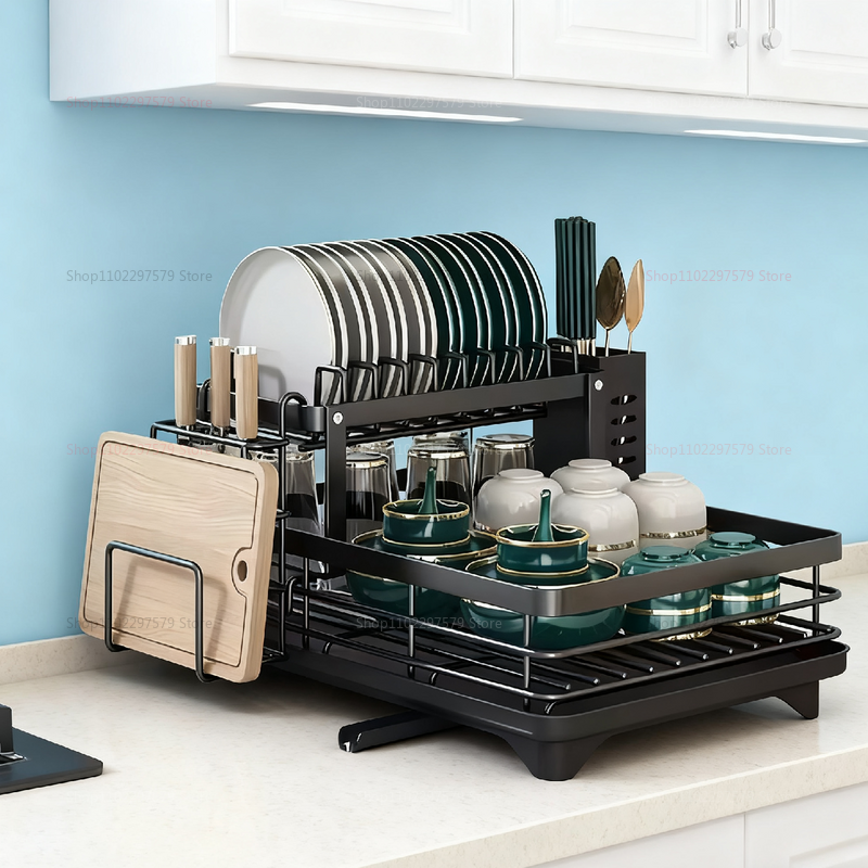 Dubbellaags schoteldroogrek Keukenorganizer met beker en komopslag Meerlaags afdruiprek voor aanrecht en keuken