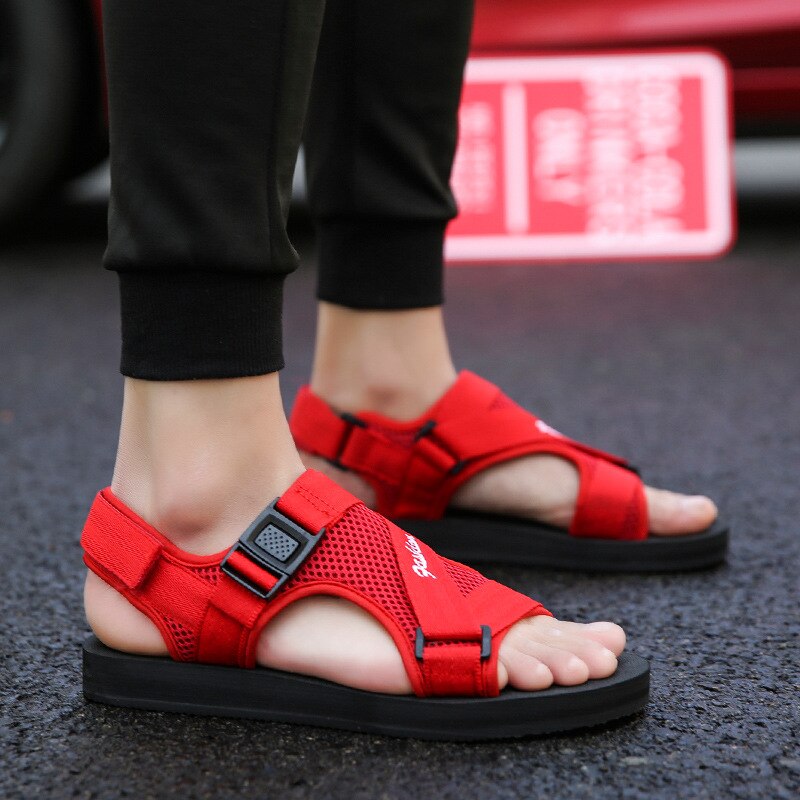 Mens Sandalen Zomer Strand Air Mesh Stevige Schoenen Haak Lus Voor Achter Band Casual Sandalia Hombre: Rood / 9
