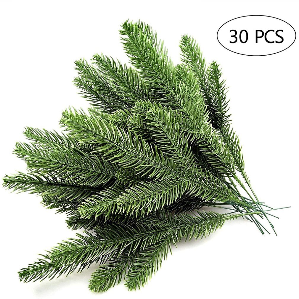 Árbol de Navidad de hojas verdes, ramas de pino artificiales, guirnalda de agujas para el hogar, jardín, plantas verdes, agujas de pino, 30 Uds.