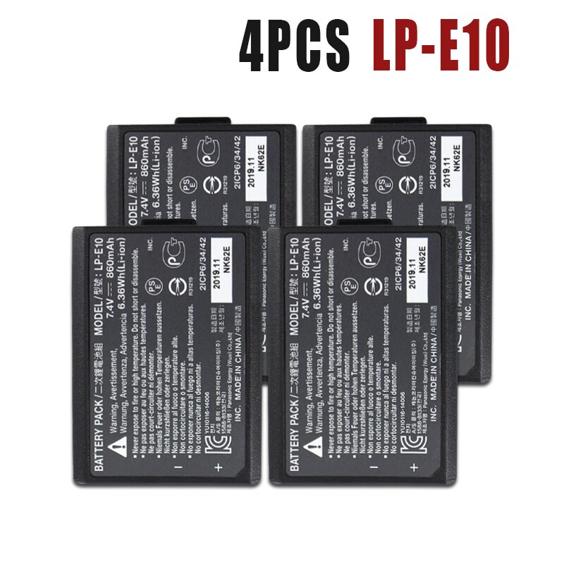 1-10 kpl 7.4v 860 mah lp -e10 lp e10 lpe 10 kameran akku canon eos 1100d 1200d 1300d 1500d 3000d kiss  x50 x70 x80 rebel  t3 t5: 4 kpl