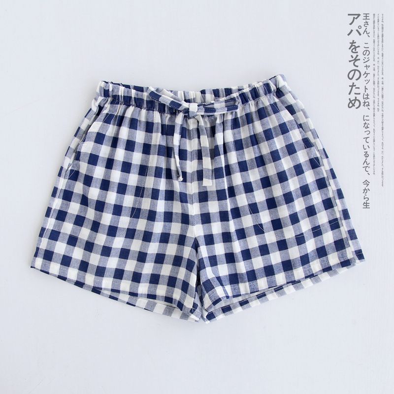Mignon été fonds de sommeil coton pyjama Shorts femmes cordon pyjama pantalon lâche 8 couleur pyjamas taille élastique B87801: Blue Plaid / L