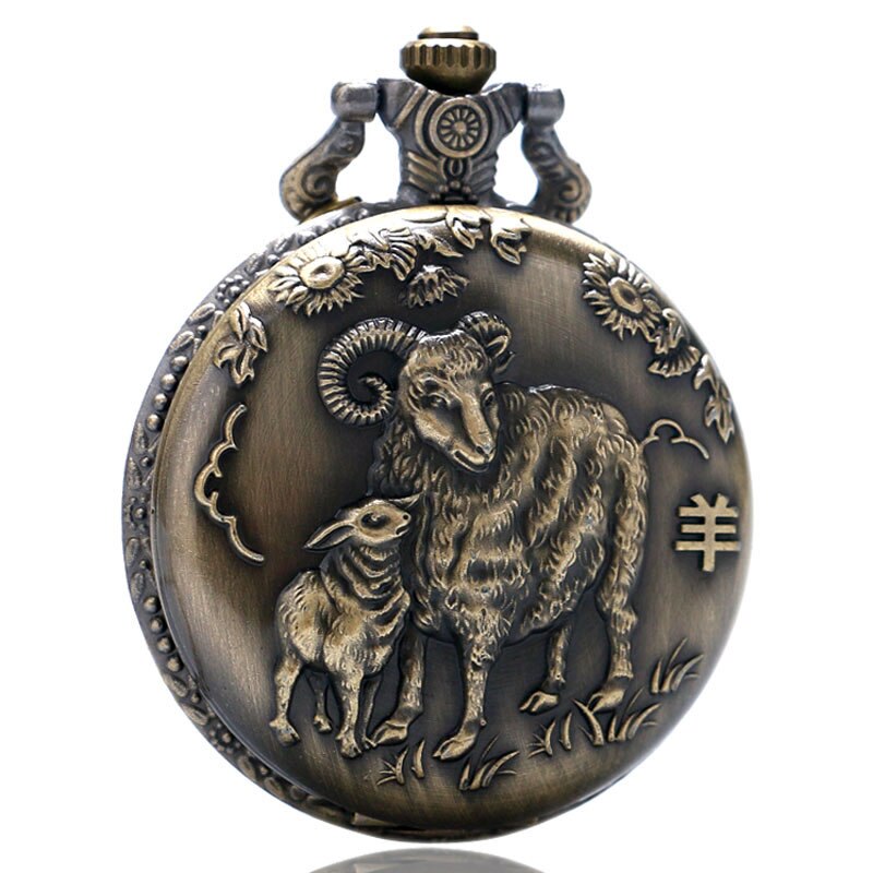 YISUYA Antique Chinese Zodiac Goat Quartz Pocket Watch Necklace Pendant Birthday Men Women Boy Girl Kid Bronze Steampunk