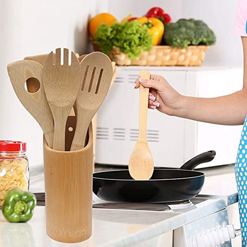 6 Piece Set Bamboo Utensils Set Bamboo Cooking Utensils Wooden Spoons for Cooking Wooden Kitchen Utensil Set