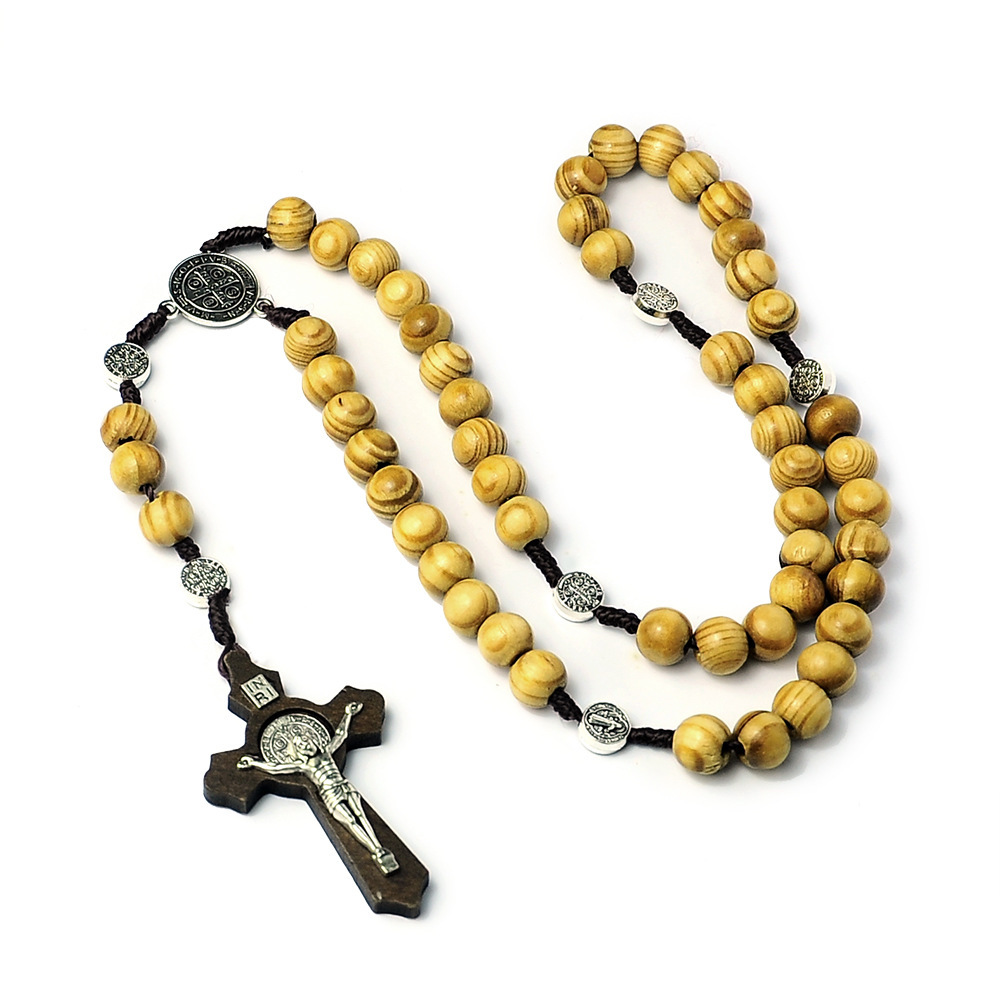 10MM Holz Perlen Rosenkranz Kreuz Halskette Für Frauen Männer Christian Jungfrau Maria INRI Anhänger Kette Religion Schmuck: Stahl farbe