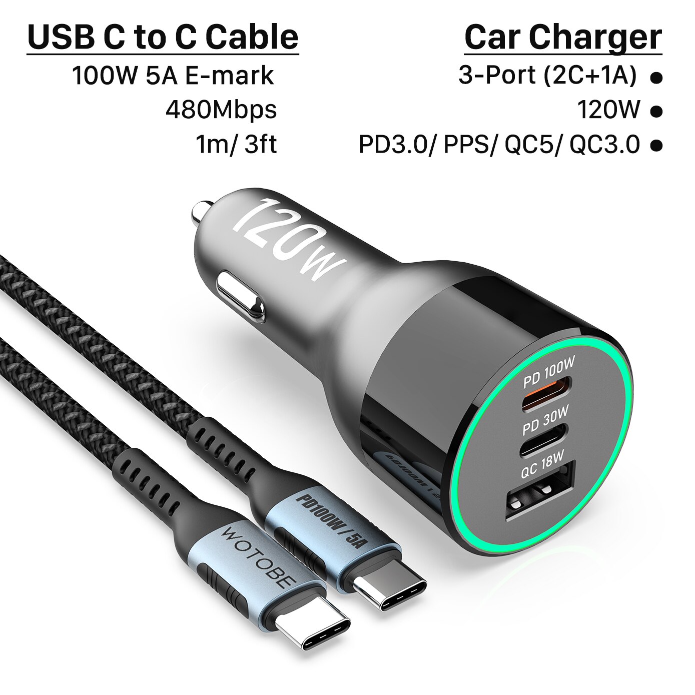 3-Port Usb C Auto-oplader 120W, QC5 Pd 100W Pps 45W 30W QC3.0 18W Voor Xiaomi Lenovo Type-C Laptop Macbook iphone 13 Samsung S20: 3-Port and Cable