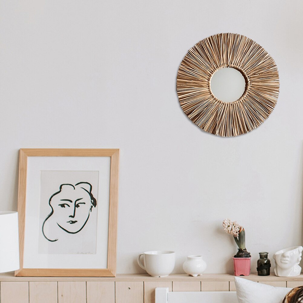 Miroir mural rond en rotin tissé, autocollant de maquillage, décoration de salon, chambre à coucher, fait à la main