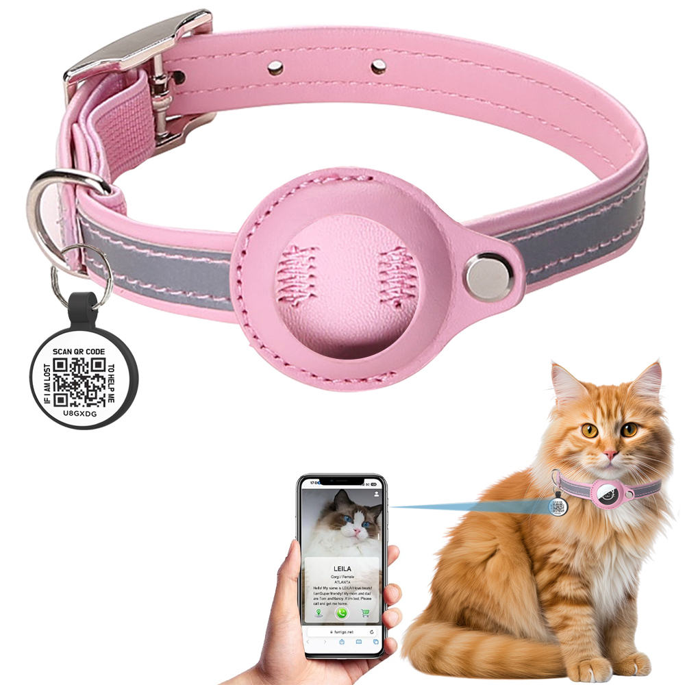 Airtag houder kattenhalsband met QR-tag, kattenaccessoires reflecterende PU lederen kittenhalsbanden, katten-ID-tag, elastische veiligheidsbanden: M / Paars