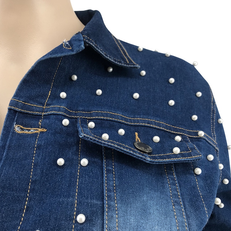 Denim skirt suit beaded wash old casual autumn and winter plus size women's denim jacket + denim skirt 2 sets