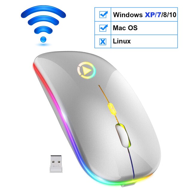 Sem fio gaming mouse 2400 dpi recarregável ajustável 7 cores backlight respiração gamer mouse jogo ratos para computador portátil: Wireless  Silver