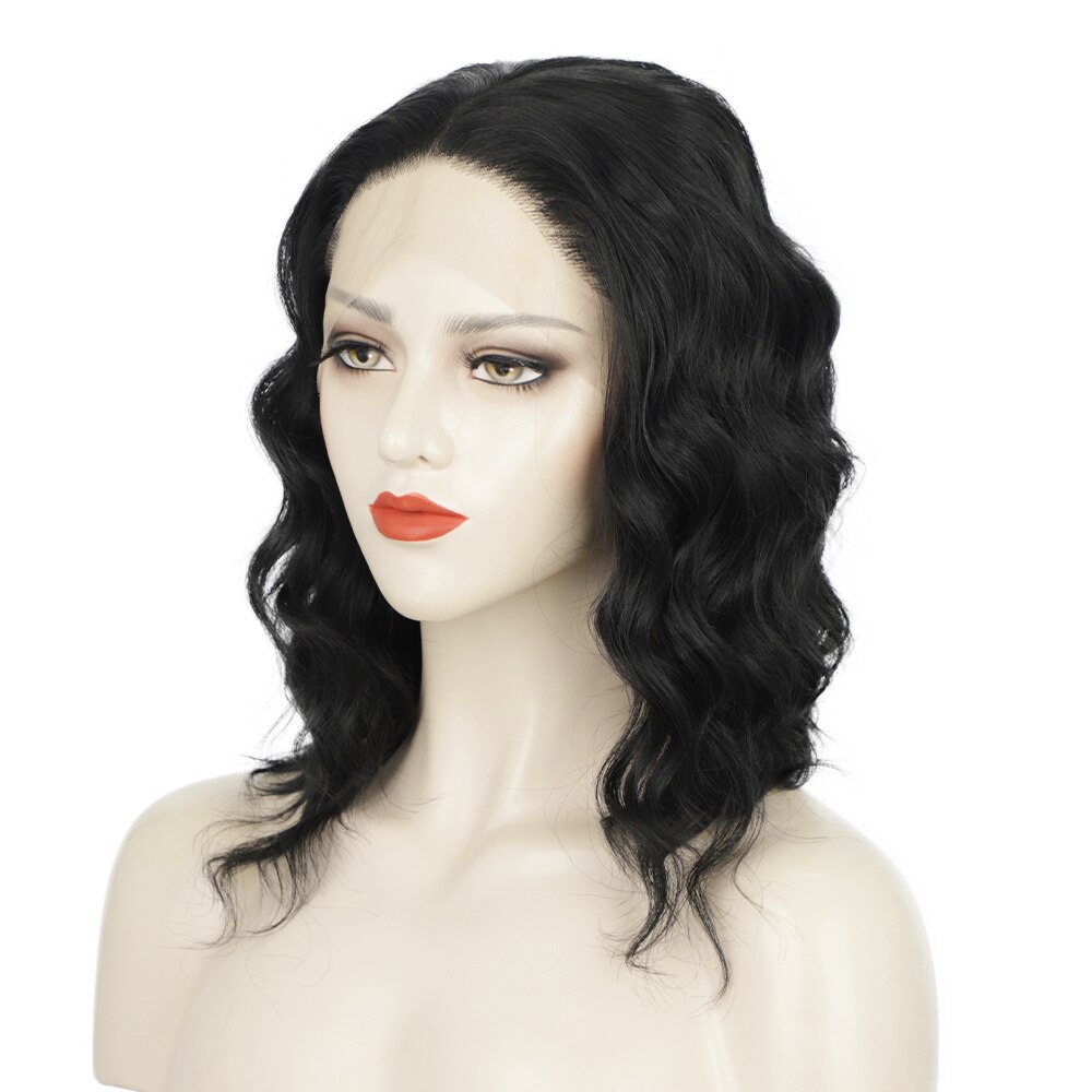 Stamped Glorious Natural Looking 16 Inch Synthetic Lace Frontal Wigs Black Short Wavy Wigs For Black Women Middle Part Bob Wigs