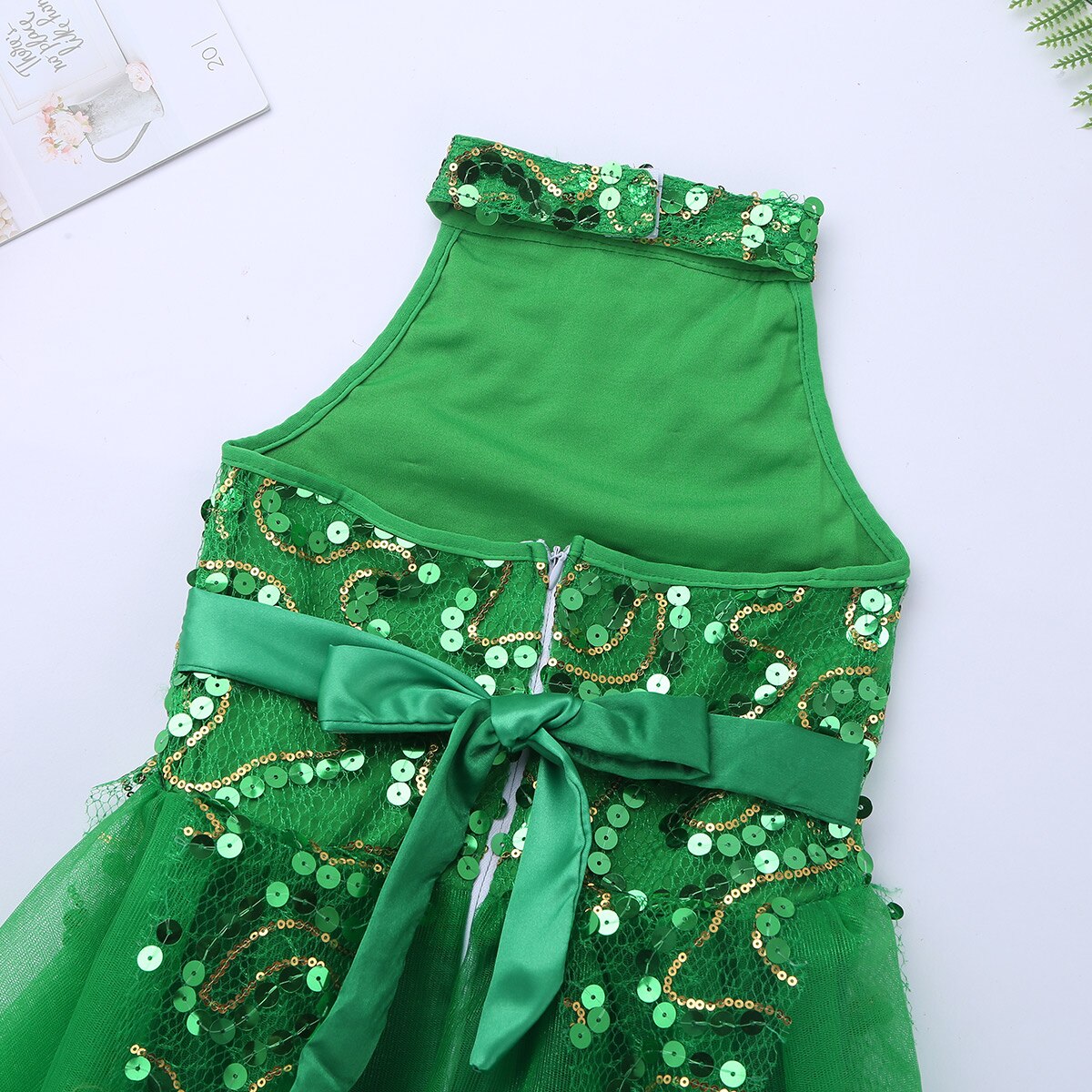 Groene meisjes glanzende, met pailletten versierde ballet tutu jurk zonder mouwen, nep-hals, kinderkostuum voor jazzdansoptredens