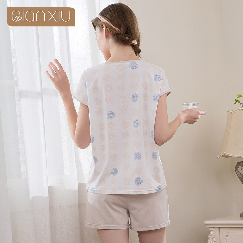 Summer Women Top pajama sets Female Casual Print short sleeve V-neck collar T shirt & Pants Ladies Cotton Sleepwear suit