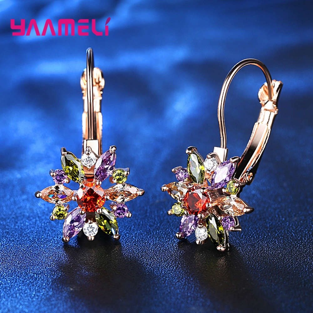 Trendy Kleurrijke Crystal Bladeren Ingelegd Strass Bloem Gouden 925 Sterling Zilveren Oorbellen Voor Vrouwen Bruiloft Sieraden