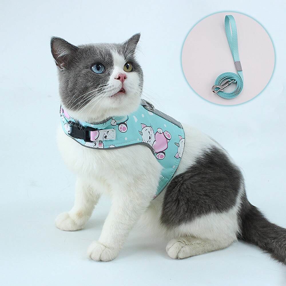 Polyester huisdier kat reflecterende mesh riem draagbare buiten huisdier kat hond wandelriem katten harnas uitschuifbare hondenriem touw: Groente / Xs