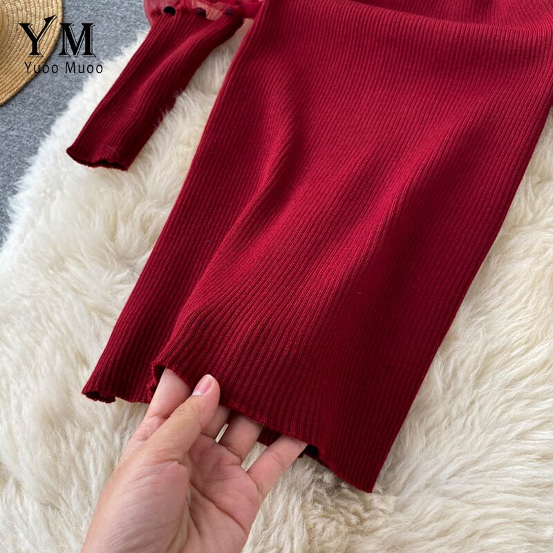 Yuoomuoo naiset neulottu punainen juhlamekko syksy talvi mesh piste pitkä puhvihihainen bodycon mekko lyhyet naisten mekot