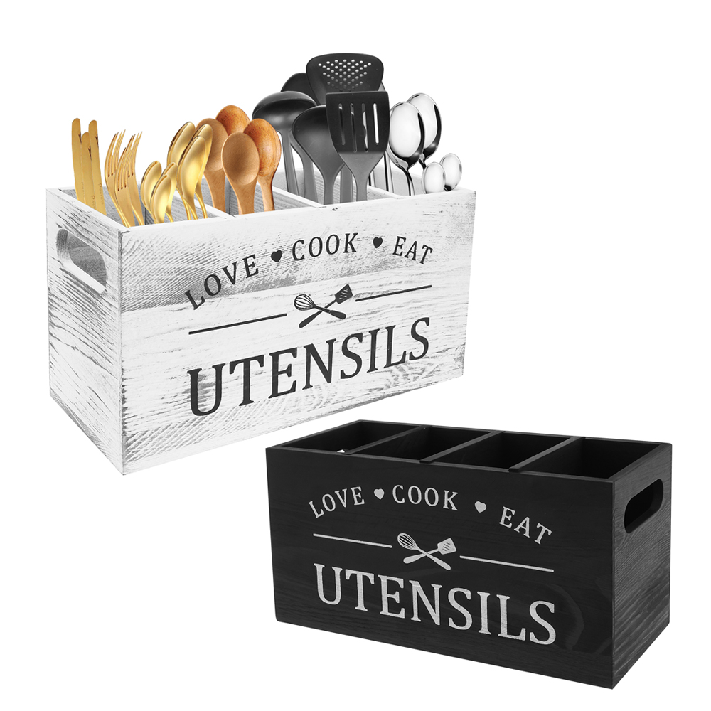 Træbestikholder til køkkenredskaber med 4 rum og drænbund til bestikopbevaring i køkkenet