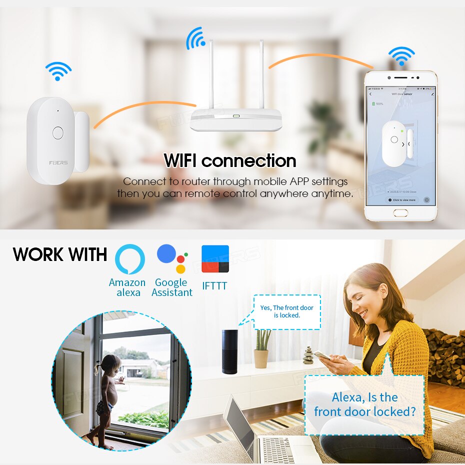 FUERS Wireless WiFi Mini Magnetic Sensor Tuya Smart APP Control Home Safety Protection 2.4GHz Smart Door Sensor