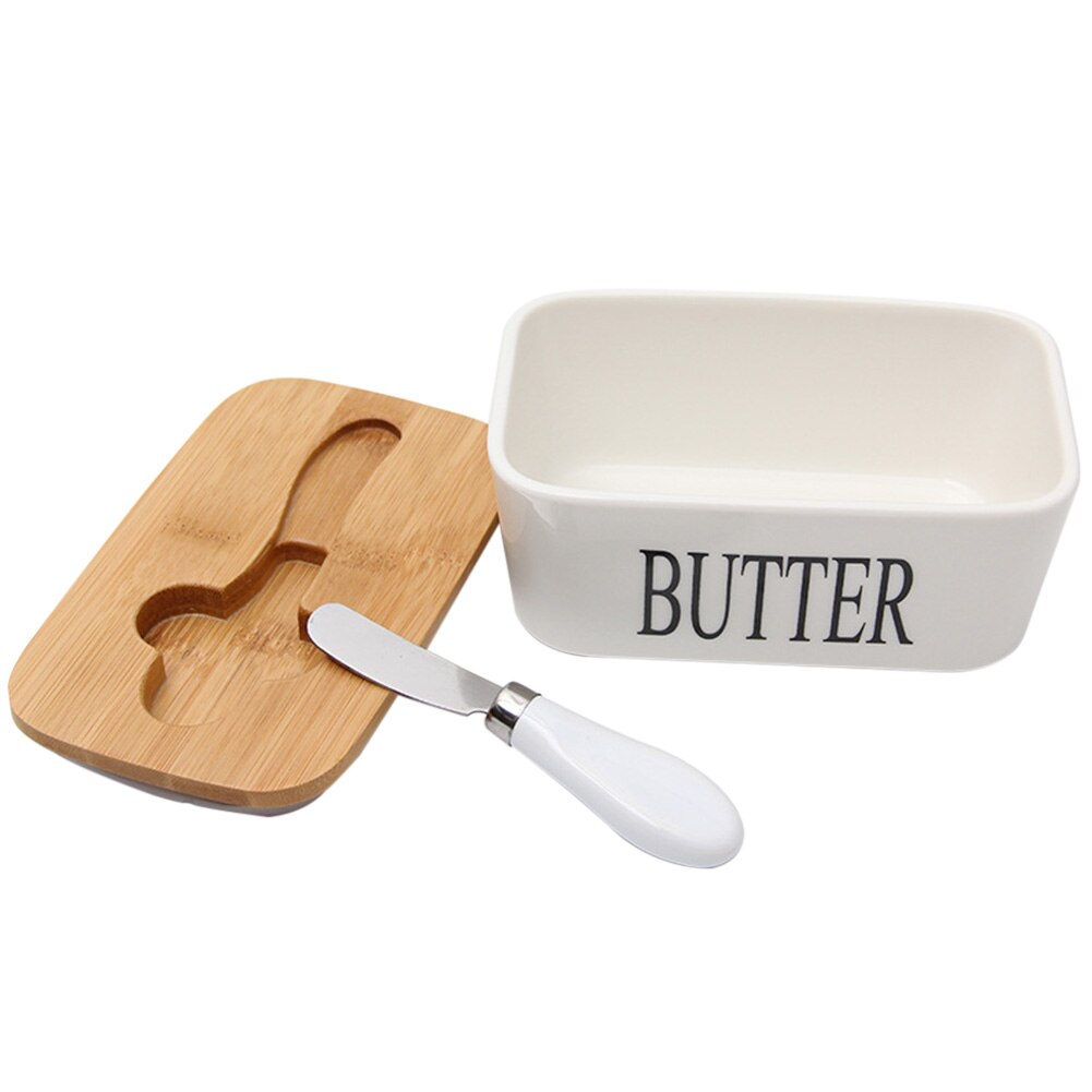 Sealing Kitchen Keeper Ceramic Nordic Style Plate Tool Container Dish With Wood Lid Cheese Food Butter Box Storage Tray