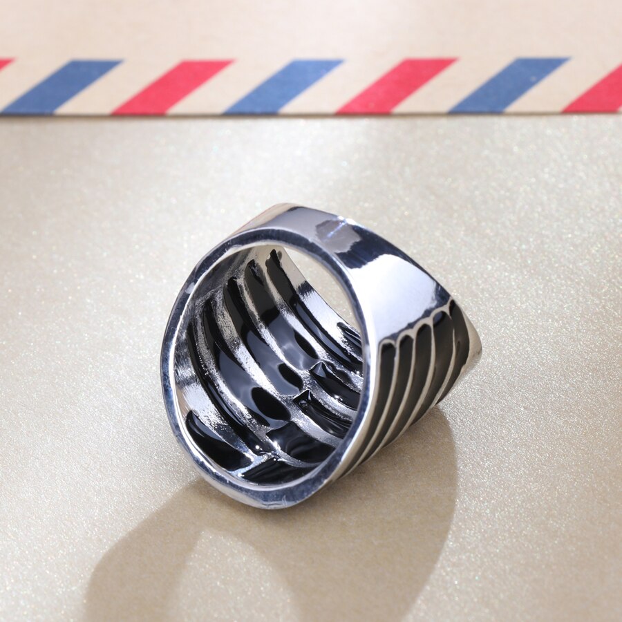 Kinel Unique Punk Rock Black Enamel Big Ring Wave Pattern Silver Color Women Jewelry