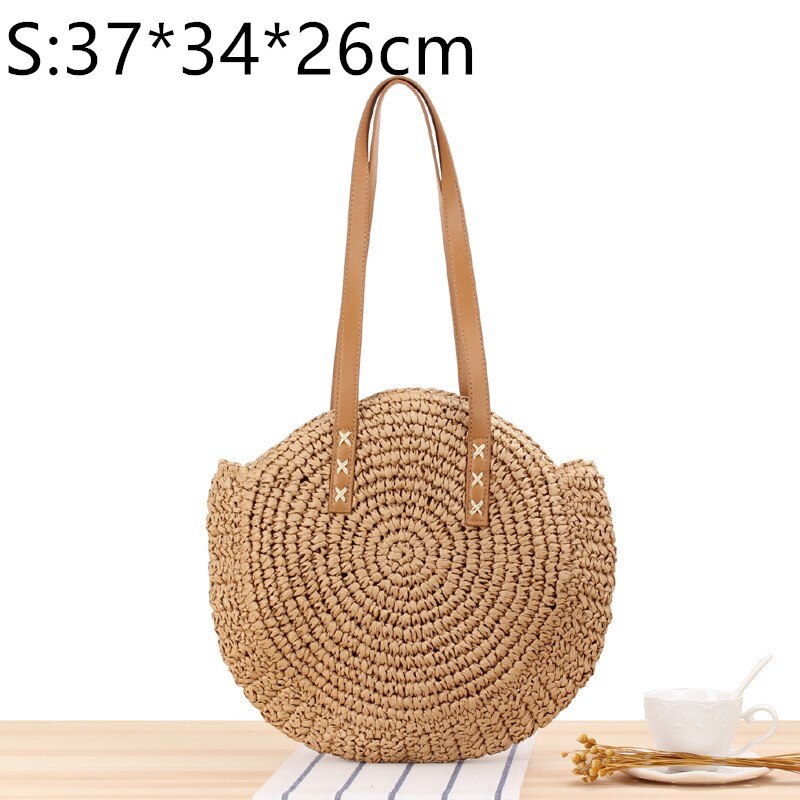 Bolso de playa de paja para mujer, bolsa de rafia tejida a mano de estilo bohemio e informal y con redondo para el verano: Brown  S