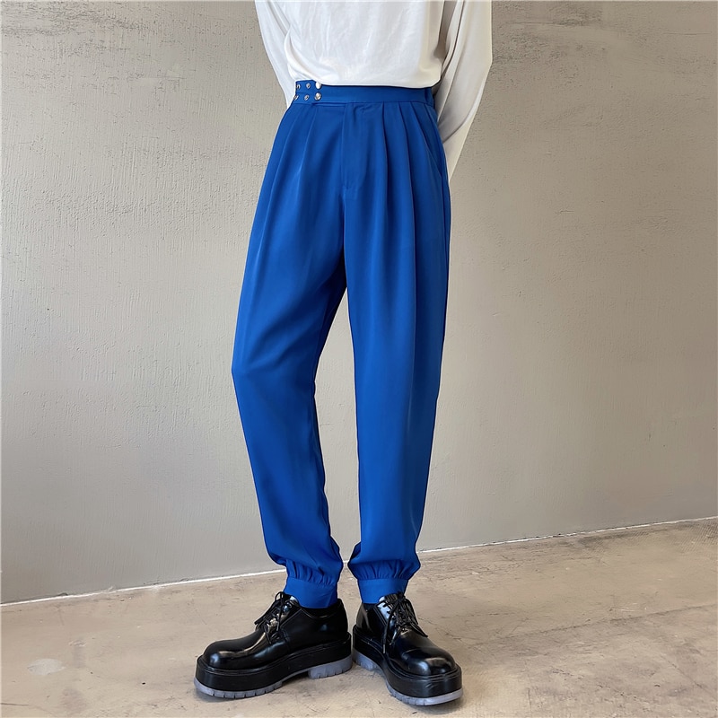 Pantalon sarouel Chic de Style coréen pour homme, couleur unie, noir et blanc, avec ceinture, longueur fuselée à la cheville, décontractée, printemps et été: M / Blue