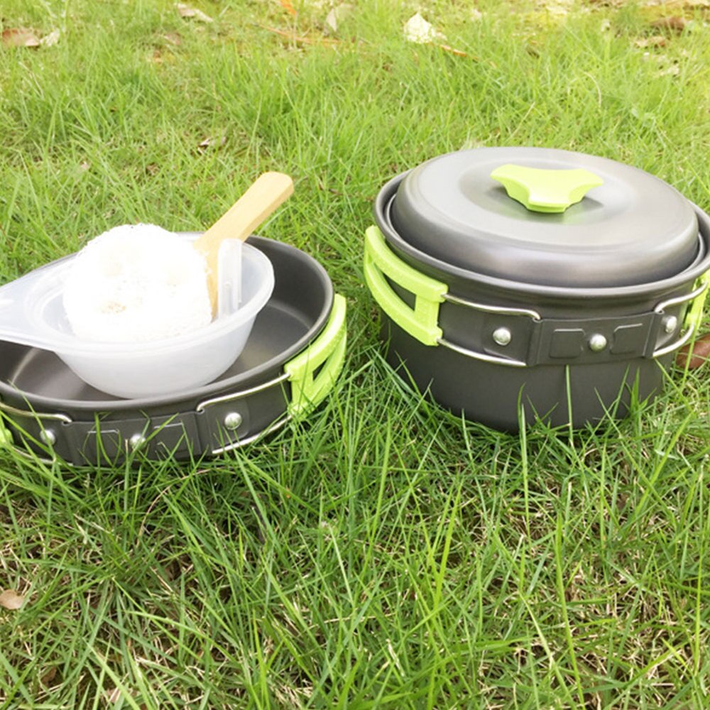 1 sæt udendørs campingpotter camping køkkengrej bærbart bestik til 1-2 personer sort