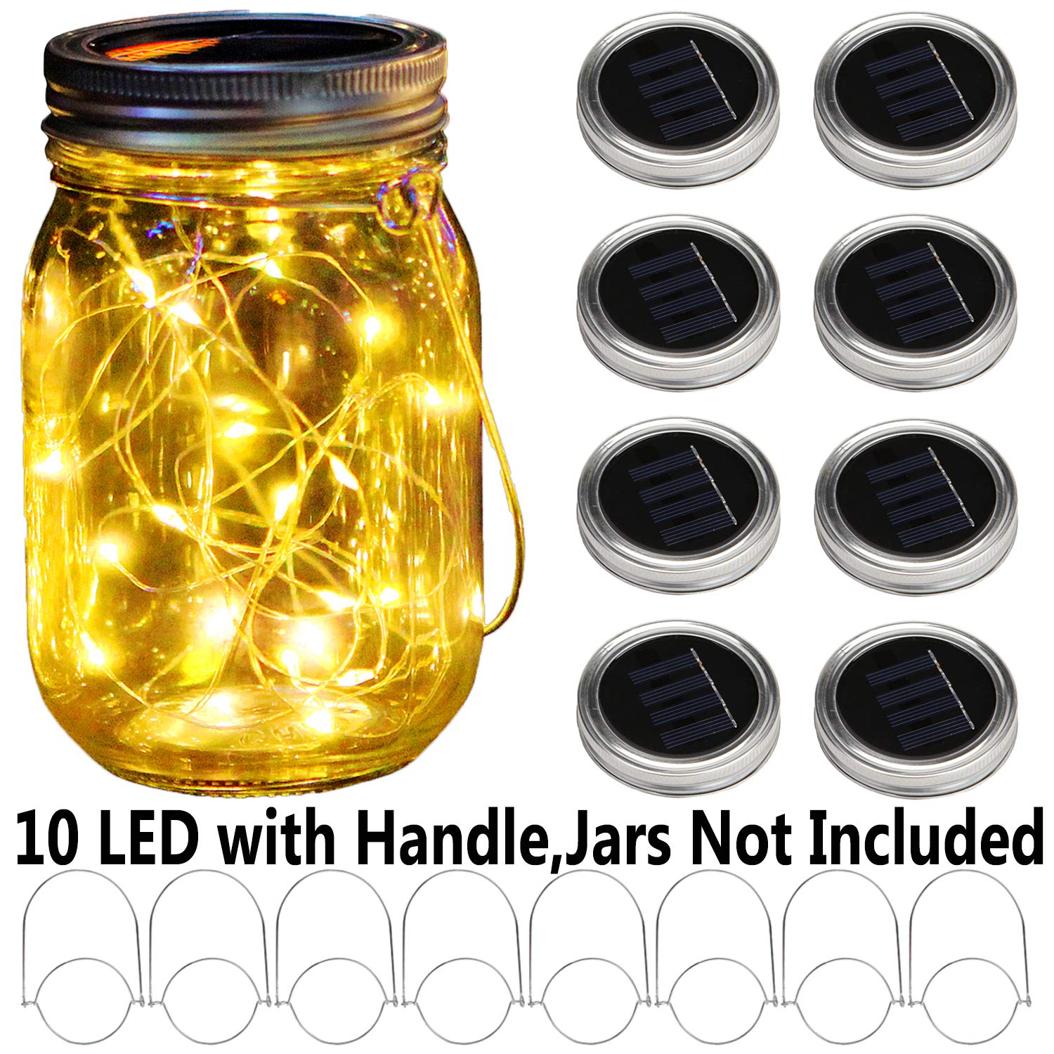 Solar--Einmachglas-Lichter mit 8 Griffen, 10 LED-Lichterketten, Feen-Solarlichter, Deckel, Glas-Dekoration, Garten, Party, Weihnachtsdekoration