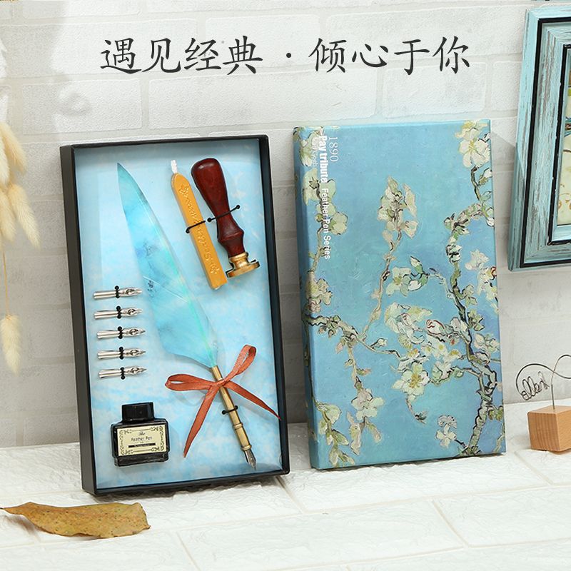 European style Feather Pen Quill pen,Oil Painting Style Dip Pen English Calligraphy Pen with ink Pen Set