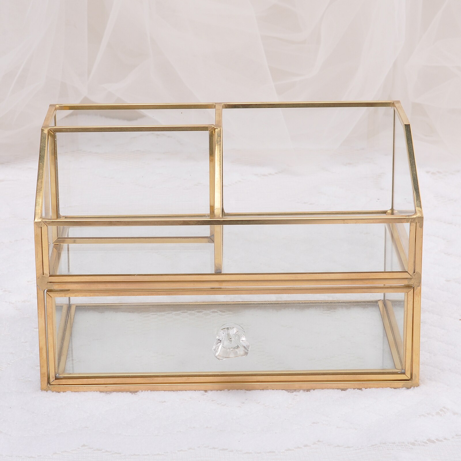 Luxury Glass Box Clear Glass Gold Tone Metal Jewelry Storage Case Cosmetic