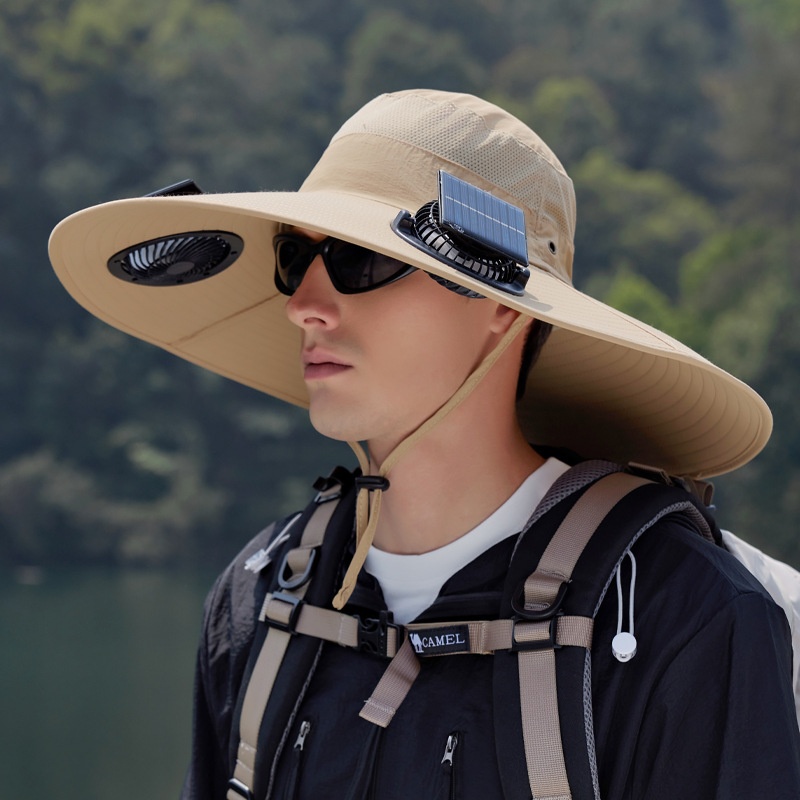 Sombrero de verano con doble ventilador con energía solar para senderismo al aire libre, pesca, sombrero con sombrilla, sombrero de pescador impermeable de secado rápido con alero grande: Lavanda