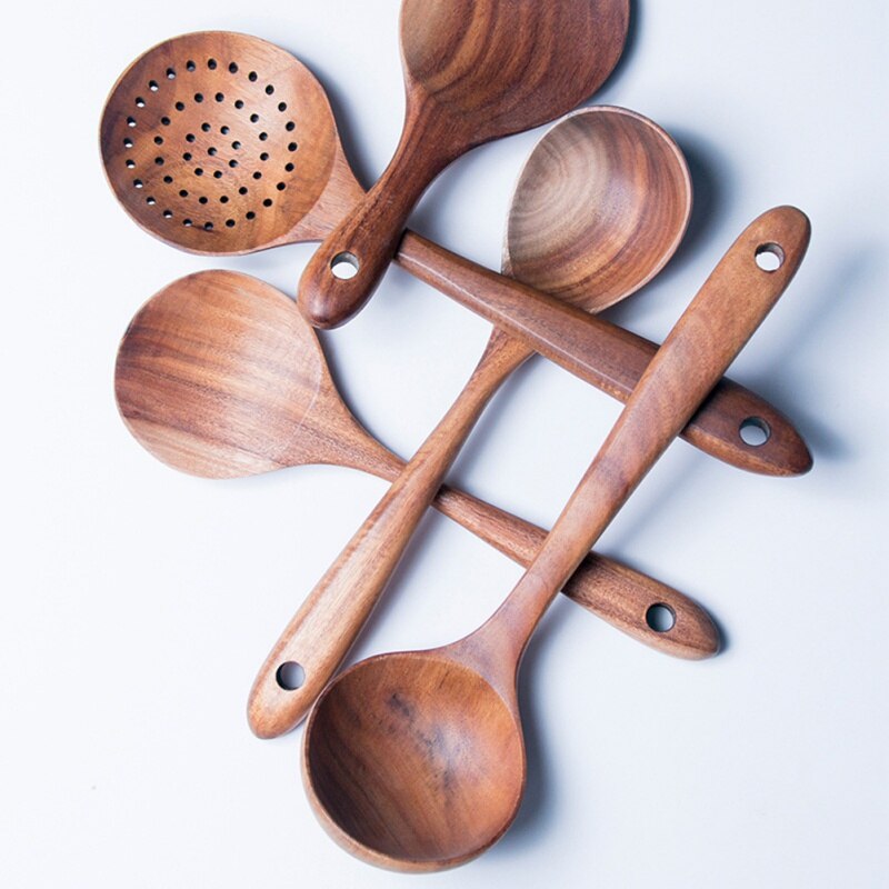 Eenvoudige Effen Teak Hout Spatel Rijst Scoop Met Opknoping Gat Unpainted Hand Wok Schop Keuken Accessoires Koken Tool