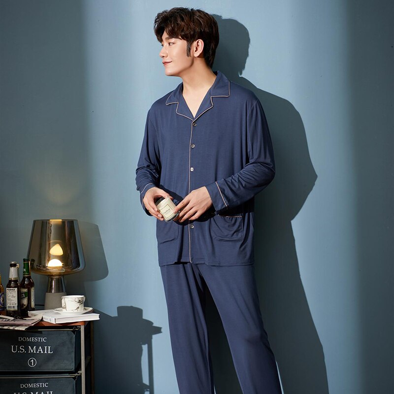 MELIFLE automne tout coton hommes vêtements de nuit col rabattu ample solide à manches longues pyjamas ensemble loisirs Masculino nuisette: 4 / XXL