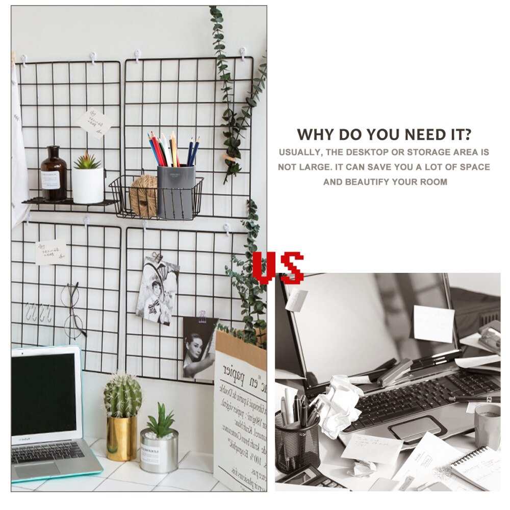 Hanging Photo Frame Metal Wall Mesh Grid Bedroom Living Room Iron Multi-Frame Photos Storage Rack Home DIY Decoration (Black)