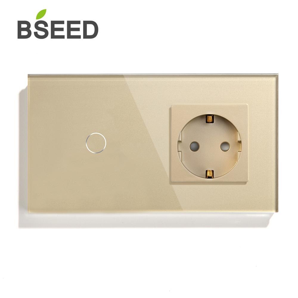BSEED Touch Light Switch 1 Gang With EU Wall Socket White Black Gold Wall Sensor Switch Crystal Glass Panel For Home