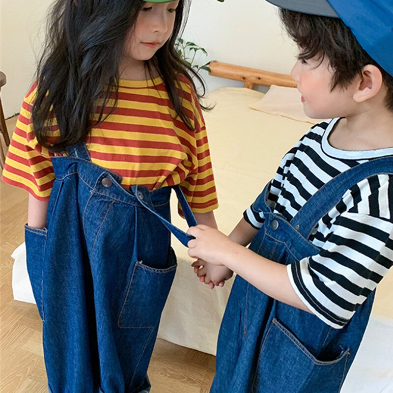 Zomer Effen Kleur Losse Denim Overalls Voor Jongens En Meisjes Koreaanse Stijl Casual Alle-Match Unisex Bib Broek
