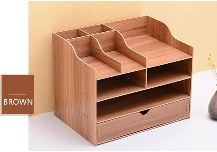 Trieur de documents de bureau en bois à 4 niveaux, support de documents A4 porte-plateau avec porte-stylo organisateur de bureau pour le bureau et la maison: BROWN