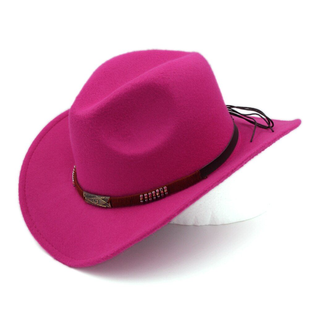 Mistamanecer Estilo Vintage Otoño Invierno sombrero de cowboy del oeste de ala ancha Cowgirl Riding Cap con banda trabajada a mano tamaño 56-58cm: Rose Red