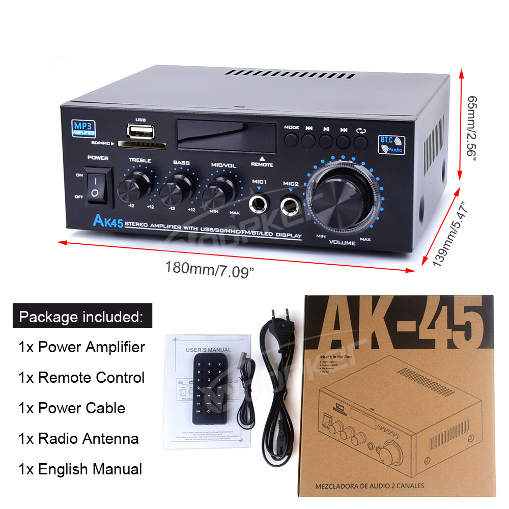Woopker Amplifier AK45 HiFi Digital Amplifier Max Power 90Wx2 Channel 2.0 Bluetooth Surround Sound AMP Speaker for Home Car