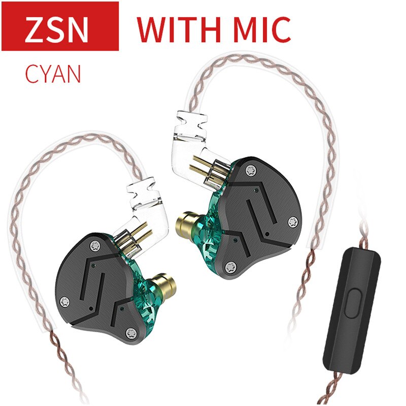 Kz zsn fones de ouvido 1dd + 1ba híbrido no monitor com cancelamento ruído alta fidelidade música esportes estéreo baixo fone com microfone: KZZSNCYANWithmic