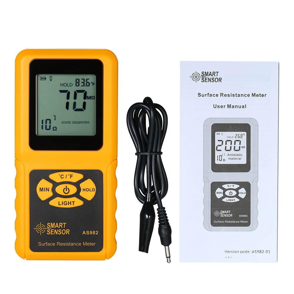 SMART SENSOR Handheld LCD Surface Resistance Meter Tester with Temperature Measurement and Data Holding Function