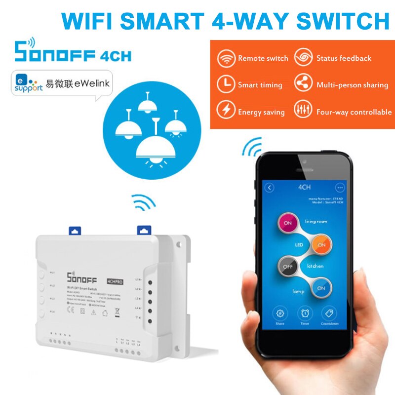 SONOFF 4CH Pro R3 Wifi Switch 4 Gang DIY Smart Switch APP Remote Switch Wireless Smart Home Controller Works With Alexa Google