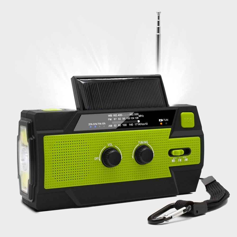 NOAA Weather Radio Emergency Solar Hand Crank Self Powered 3AAA Battery Flashlight IPX3 Waterproof 4000mAh Power Bank: green