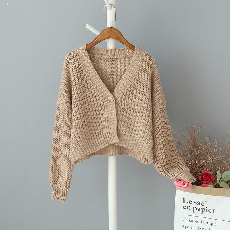 Høst dame retro stil ensfarget en knapp løs v-hals strikket cardigan genser damejakke rosa hvit: 2