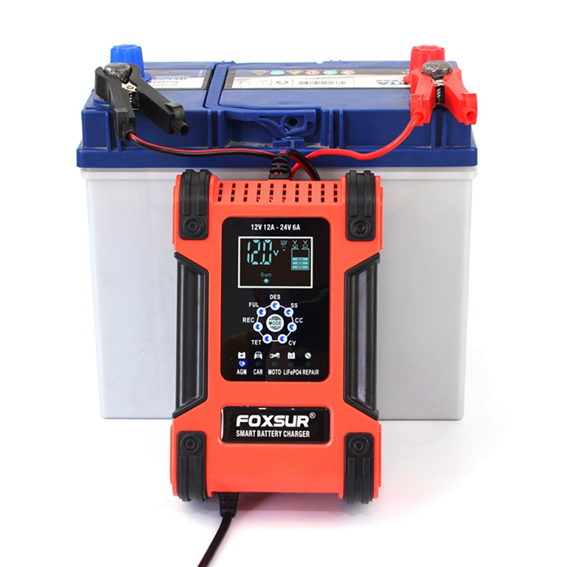 FOXSUR – chargeur de batterie automobile à 7 niveaux, 12V, 12a, 24V, 6a, avec écran LCD, pour voiture, moto, bateau