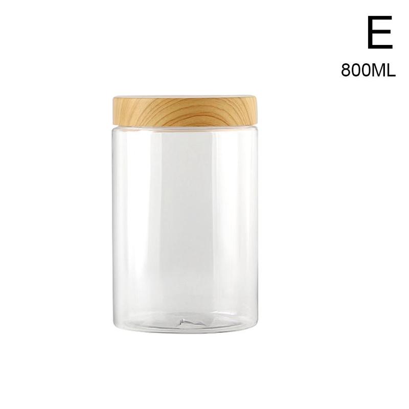 Botella de plástico transparente de boca ancha, recipiente vacío con tapa de madera, almacenamiento de alimentos de cocina, tarro para galletas y nueces: 800ml
