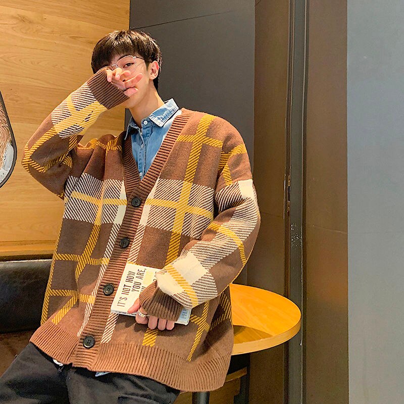 Cotton Cardigan Men&#39;s Warm Retro Casual Plaid Sweater Jacket Men Streetwear Loose Sweater Coat Mens Korean Clothes M-2XL