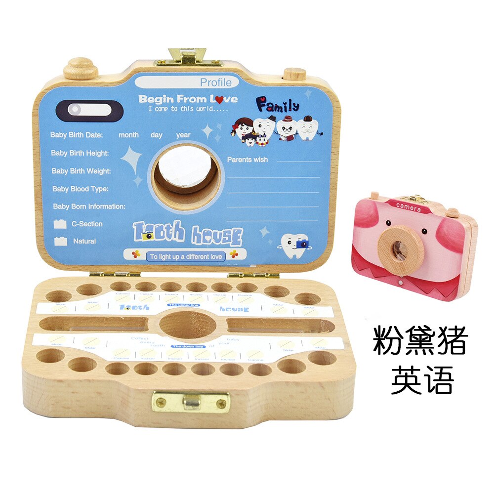 Baby houten tandendoos organizer melktanden opslag camera doos japans engels tanden verzamelen navelstreng bewaren baby tandendoos: Roze varken-engels